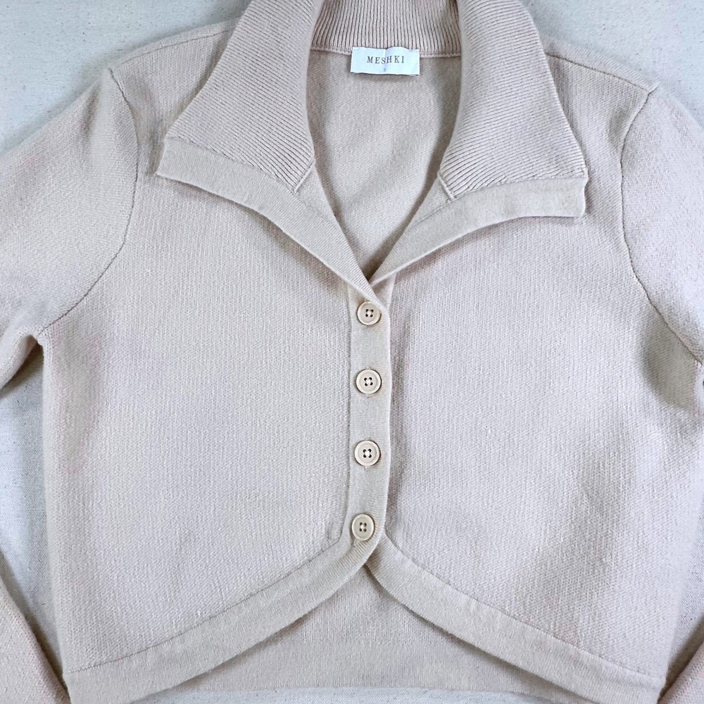 Meshki Women Beige Cropped Bell Sleeve Collared Cardigan KN08800KD3 Size S